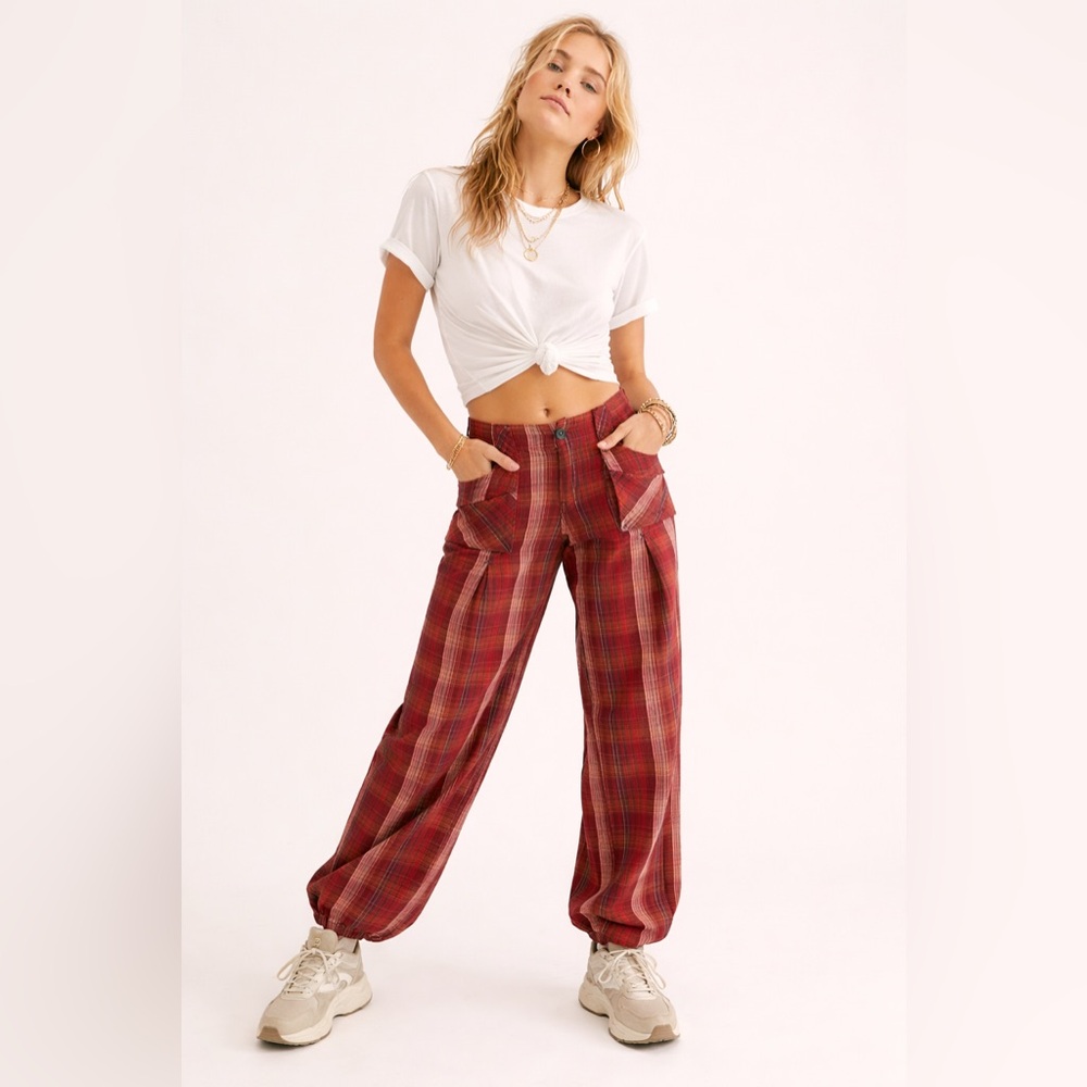 FREE PEOPLE | Red Plaid Birch Wide Leg Barrel Pleat Pant